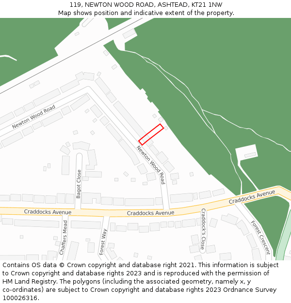 119, NEWTON WOOD ROAD, ASHTEAD, KT21 1NW: Location map and indicative extent of plot