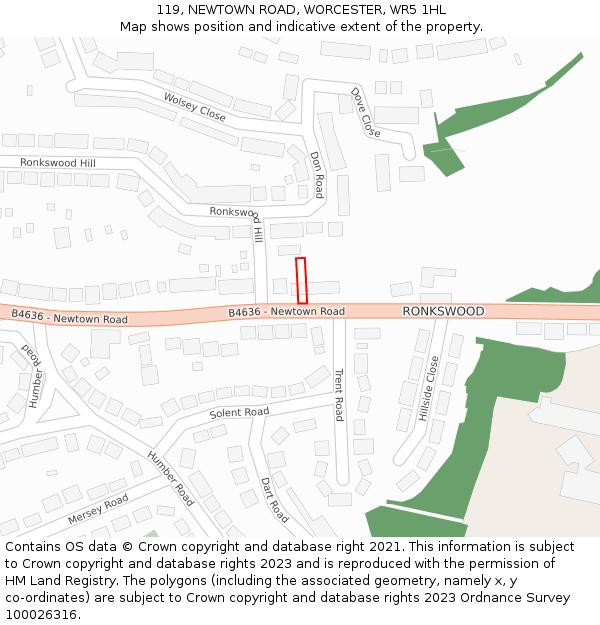 119, NEWTOWN ROAD, WORCESTER, WR5 1HL: Location map and indicative extent of plot