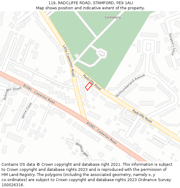 119, RADCLIFFE ROAD, STAMFORD, PE9 1AU: Location map and indicative extent of plot