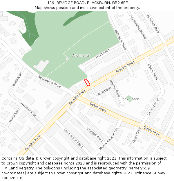 119, REVIDGE ROAD, BLACKBURN, BB2 6EE: Location map and indicative extent of plot