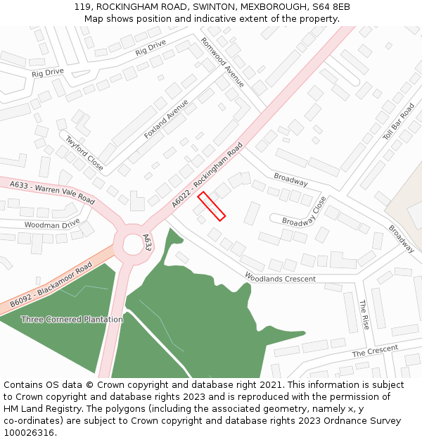 119, ROCKINGHAM ROAD, SWINTON, MEXBOROUGH, S64 8EB: Location map and indicative extent of plot
