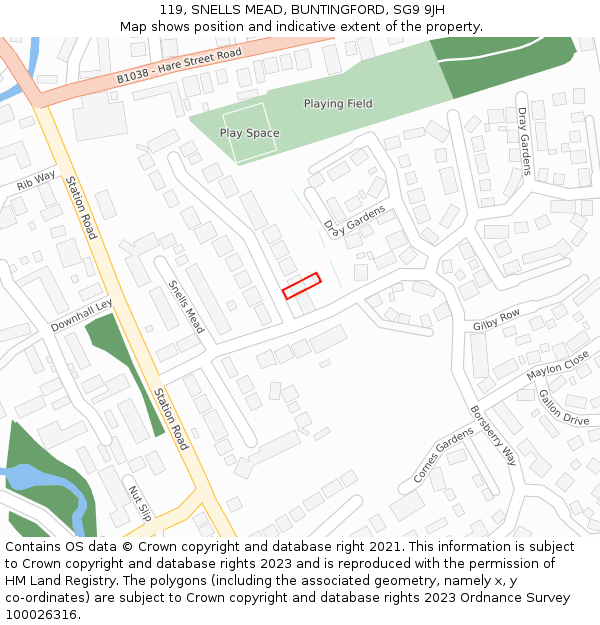 119, SNELLS MEAD, BUNTINGFORD, SG9 9JH: Location map and indicative extent of plot
