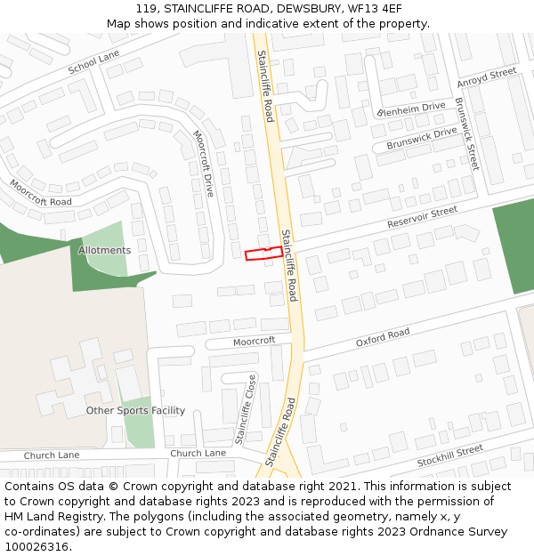 119, STAINCLIFFE ROAD, DEWSBURY, WF13 4EF: Location map and indicative extent of plot