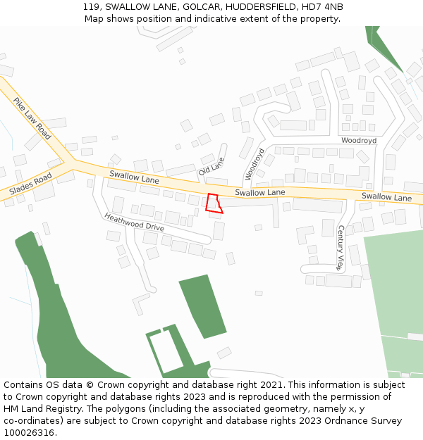 119, SWALLOW LANE, GOLCAR, HUDDERSFIELD, HD7 4NB: Location map and indicative extent of plot