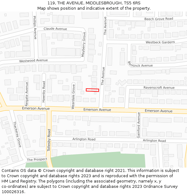119, THE AVENUE, MIDDLESBROUGH, TS5 6RS: Location map and indicative extent of plot