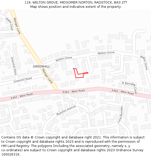 119, WELTON GROVE, MIDSOMER NORTON, RADSTOCK, BA3 2TT: Location map and indicative extent of plot