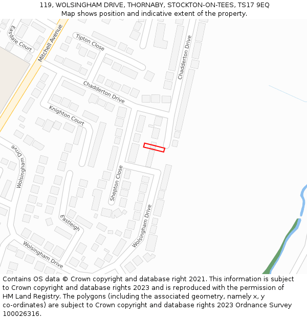 119, WOLSINGHAM DRIVE, THORNABY, STOCKTON-ON-TEES, TS17 9EQ: Location map and indicative extent of plot