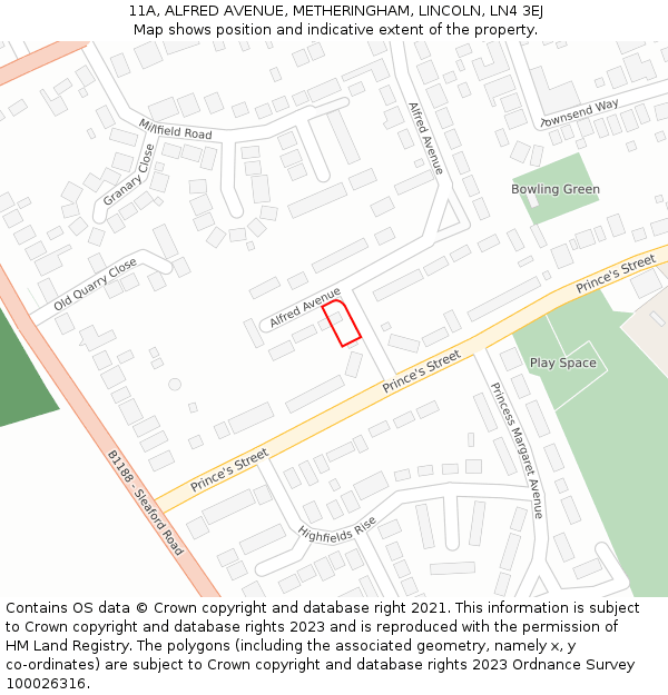11A, ALFRED AVENUE, METHERINGHAM, LINCOLN, LN4 3EJ: Location map and indicative extent of plot