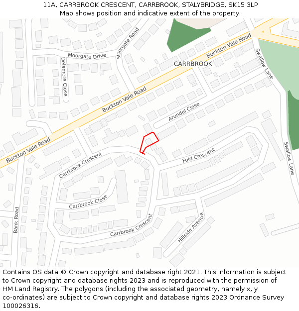 11A, CARRBROOK CRESCENT, CARRBROOK, STALYBRIDGE, SK15 3LP: Location map and indicative extent of plot