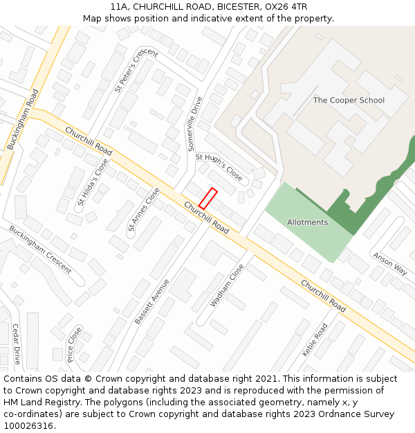11A, CHURCHILL ROAD, BICESTER, OX26 4TR: Location map and indicative extent of plot