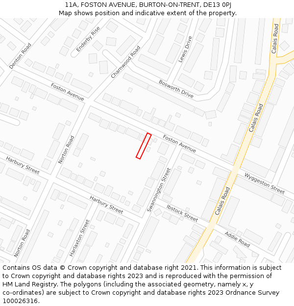 11A, FOSTON AVENUE, BURTON-ON-TRENT, DE13 0PJ: Location map and indicative extent of plot