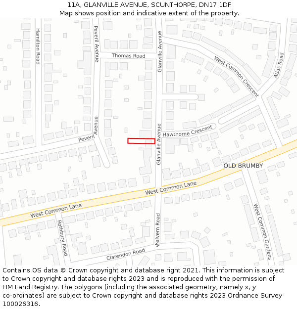 11A, GLANVILLE AVENUE, SCUNTHORPE, DN17 1DF: Location map and indicative extent of plot