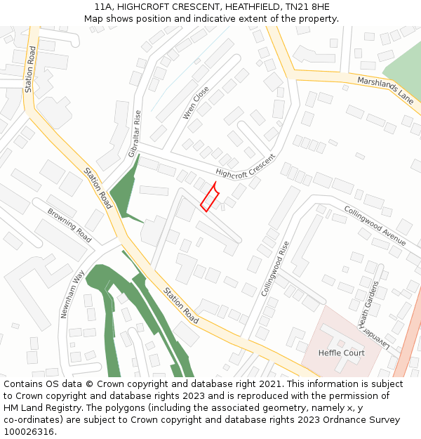 11A, HIGHCROFT CRESCENT, HEATHFIELD, TN21 8HE: Location map and indicative extent of plot