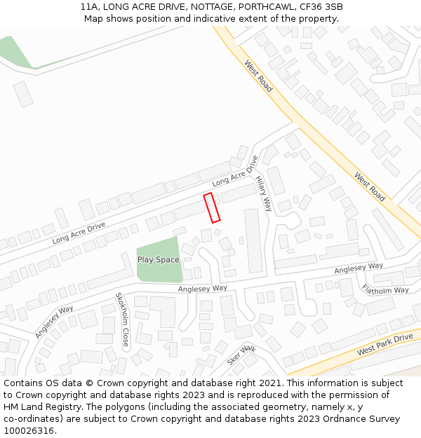 11A, LONG ACRE DRIVE, NOTTAGE, PORTHCAWL, CF36 3SB: Location map and indicative extent of plot