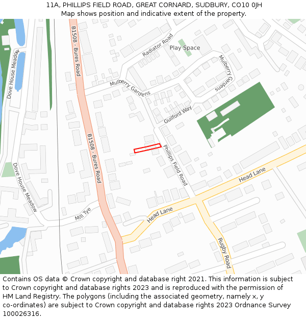 11A, PHILLIPS FIELD ROAD, GREAT CORNARD, SUDBURY, CO10 0JH: Location map and indicative extent of plot