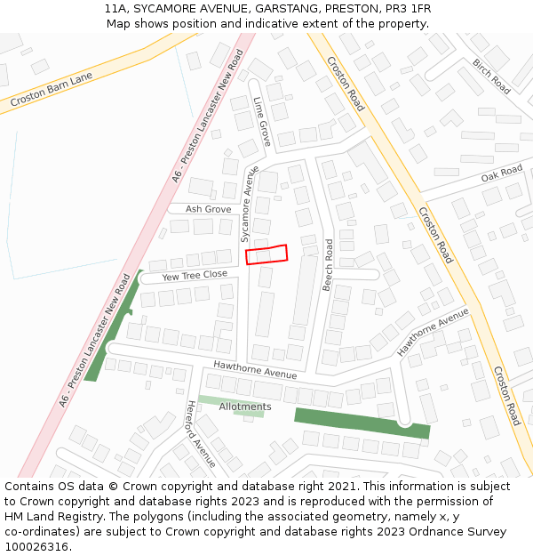 11A, SYCAMORE AVENUE, GARSTANG, PRESTON, PR3 1FR: Location map and indicative extent of plot