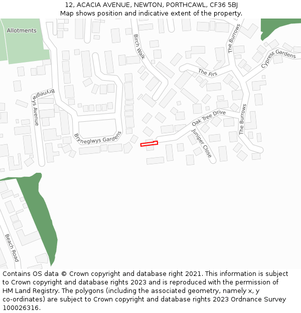 12, ACACIA AVENUE, NEWTON, PORTHCAWL, CF36 5BJ: Location map and indicative extent of plot