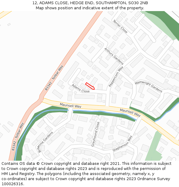 12, ADAMS CLOSE, HEDGE END, SOUTHAMPTON, SO30 2NB: Location map and indicative extent of plot