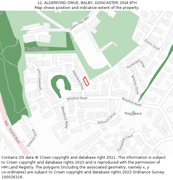 12, ALDERFORD DRIVE, BALBY, DONCASTER, DN4 8TH: Location map and indicative extent of plot