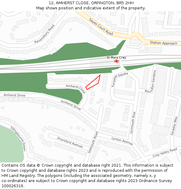 12, AMHERST CLOSE, ORPINGTON, BR5 2HH: Location map and indicative extent of plot