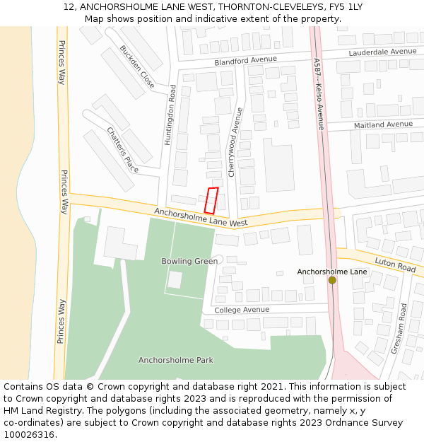 12, ANCHORSHOLME LANE WEST, THORNTON-CLEVELEYS, FY5 1LY: Location map and indicative extent of plot