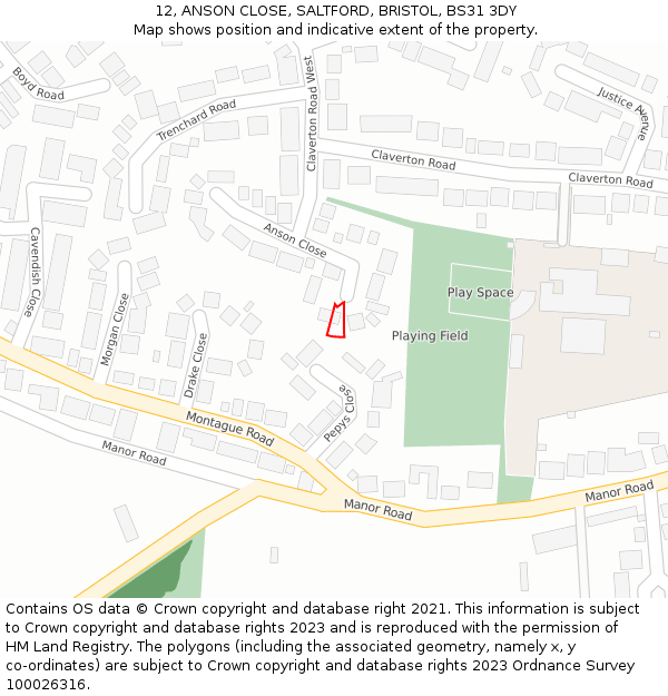 12, ANSON CLOSE, SALTFORD, BRISTOL, BS31 3DY: Location map and indicative extent of plot