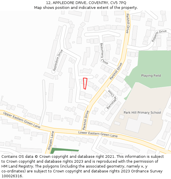 12, APPLEDORE DRIVE, COVENTRY, CV5 7PQ: Location map and indicative extent of plot