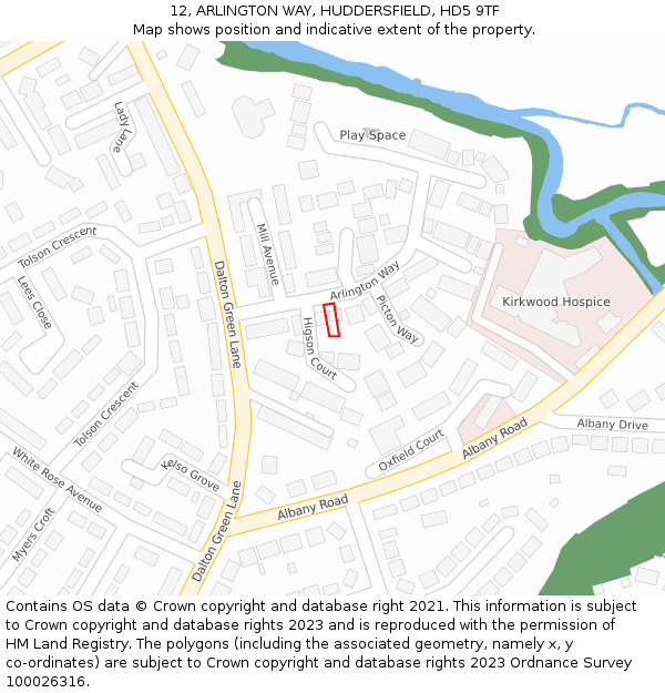 12, ARLINGTON WAY, HUDDERSFIELD, HD5 9TF: Location map and indicative extent of plot