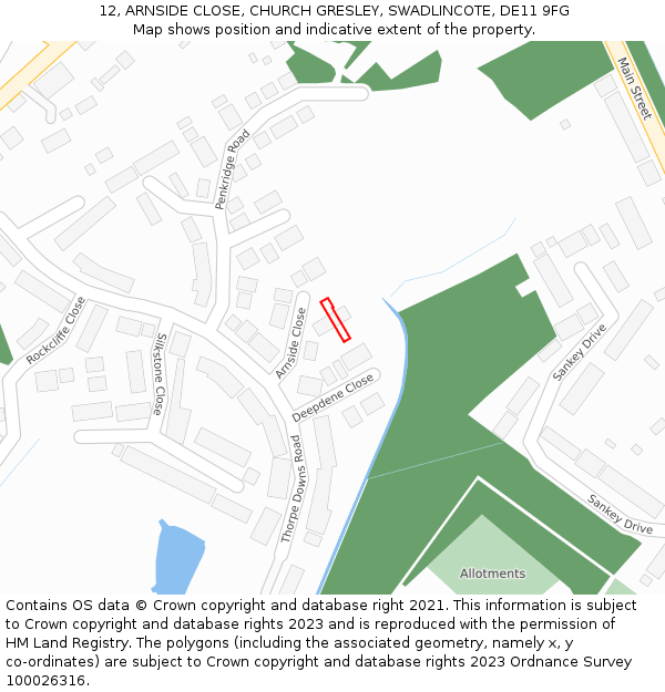 12, ARNSIDE CLOSE, CHURCH GRESLEY, SWADLINCOTE, DE11 9FG: Location map and indicative extent of plot