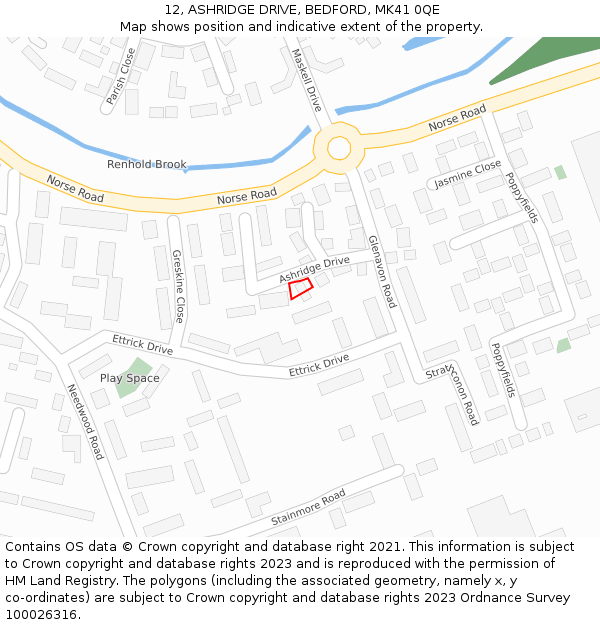 12, ASHRIDGE DRIVE, BEDFORD, MK41 0QE: Location map and indicative extent of plot