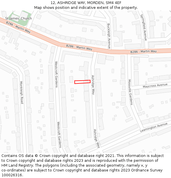 12, ASHRIDGE WAY, MORDEN, SM4 4EF: Location map and indicative extent of plot