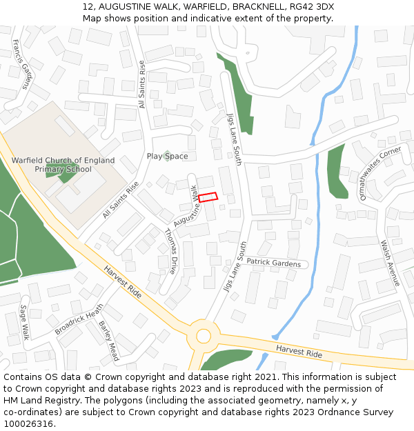 12, AUGUSTINE WALK, WARFIELD, BRACKNELL, RG42 3DX: Location map and indicative extent of plot