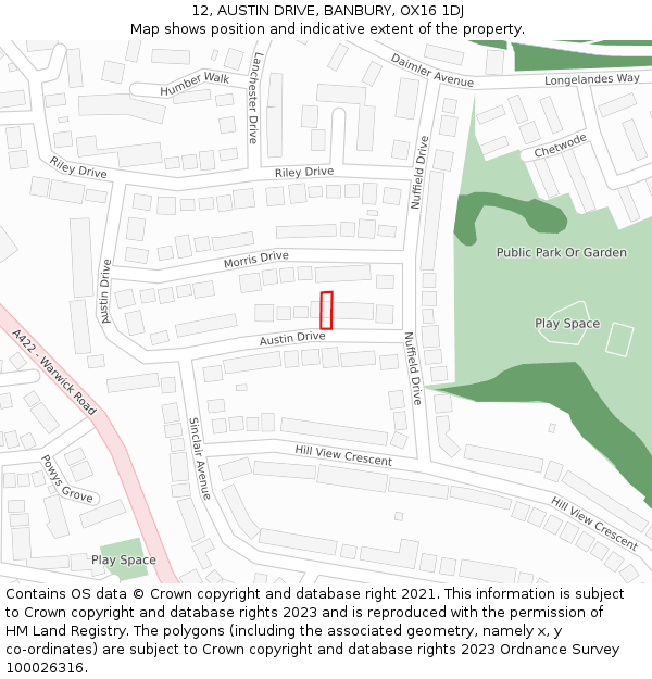 12, AUSTIN DRIVE, BANBURY, OX16 1DJ: Location map and indicative extent of plot