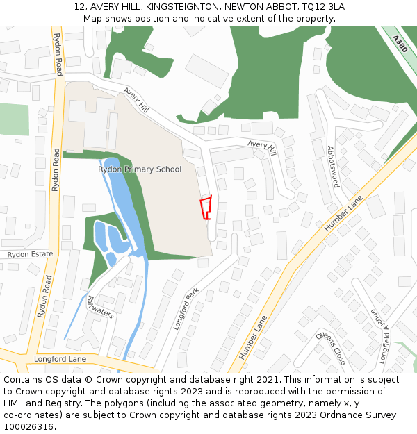 12, AVERY HILL, KINGSTEIGNTON, NEWTON ABBOT, TQ12 3LA: Location map and indicative extent of plot