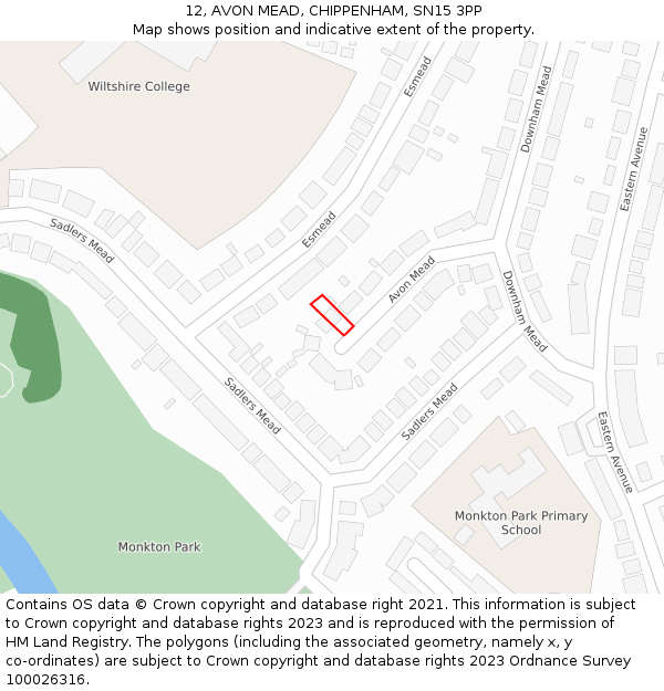 12, AVON MEAD, CHIPPENHAM, SN15 3PP: Location map and indicative extent of plot