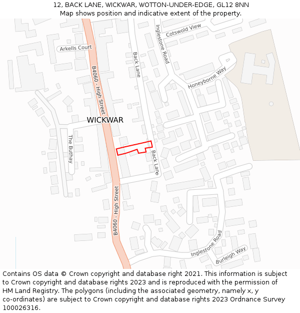 12, BACK LANE, WICKWAR, WOTTON-UNDER-EDGE, GL12 8NN: Location map and indicative extent of plot