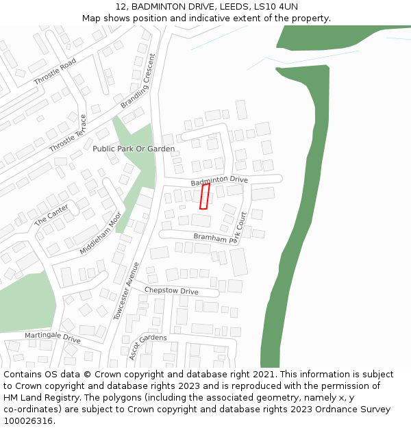 12, BADMINTON DRIVE, LEEDS, LS10 4UN: Location map and indicative extent of plot