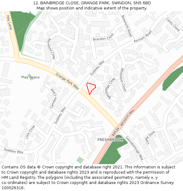 12, BAINBRIDGE CLOSE, GRANGE PARK, SWINDON, SN5 6BD: Location map and indicative extent of plot