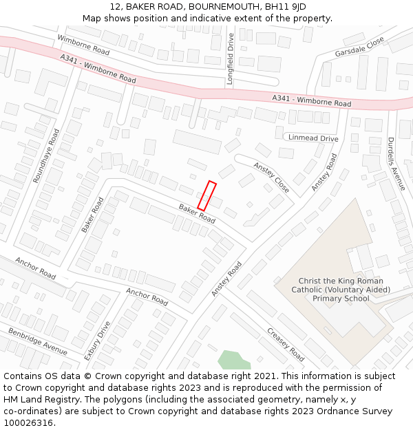 12, BAKER ROAD, BOURNEMOUTH, BH11 9JD: Location map and indicative extent of plot