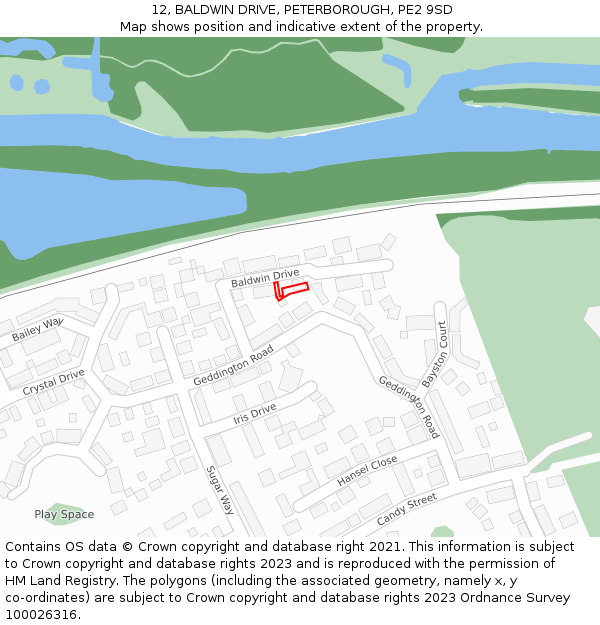 12, BALDWIN DRIVE, PETERBOROUGH, PE2 9SD: Location map and indicative extent of plot