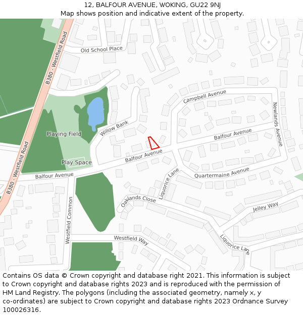 12, BALFOUR AVENUE, WOKING, GU22 9NJ: Location map and indicative extent of plot