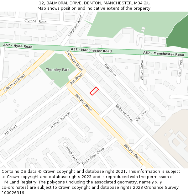 12, BALMORAL DRIVE, DENTON, MANCHESTER, M34 2JU: Location map and indicative extent of plot