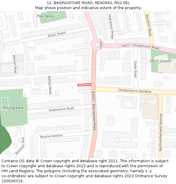12, BASINGSTOKE ROAD, READING, RG2 0EL: Location map and indicative extent of plot