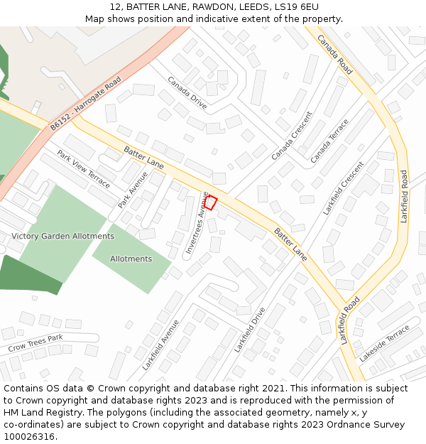 12, BATTER LANE, RAWDON, LEEDS, LS19 6EU: Location map and indicative extent of plot