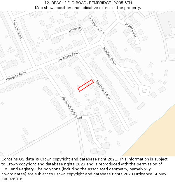 12, BEACHFIELD ROAD, BEMBRIDGE, PO35 5TN: Location map and indicative extent of plot