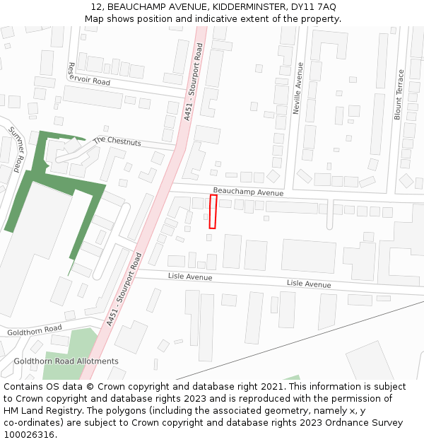 12, BEAUCHAMP AVENUE, KIDDERMINSTER, DY11 7AQ: Location map and indicative extent of plot