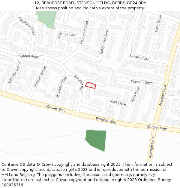 12, BEAUFORT ROAD, STENSON FIELDS, DERBY, DE24 3BA: Location map and indicative extent of plot