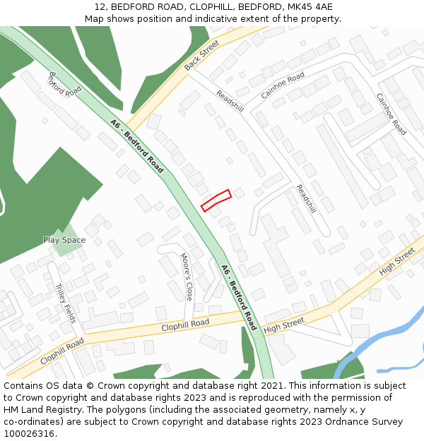 12, BEDFORD ROAD, CLOPHILL, BEDFORD, MK45 4AE: Location map and indicative extent of plot