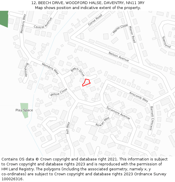 12, BEECH DRIVE, WOODFORD HALSE, DAVENTRY, NN11 3RY: Location map and indicative extent of plot