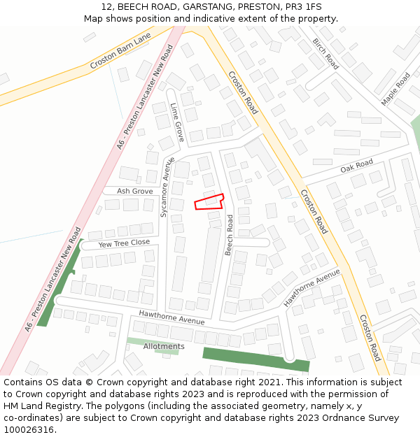 12, BEECH ROAD, GARSTANG, PRESTON, PR3 1FS: Location map and indicative extent of plot